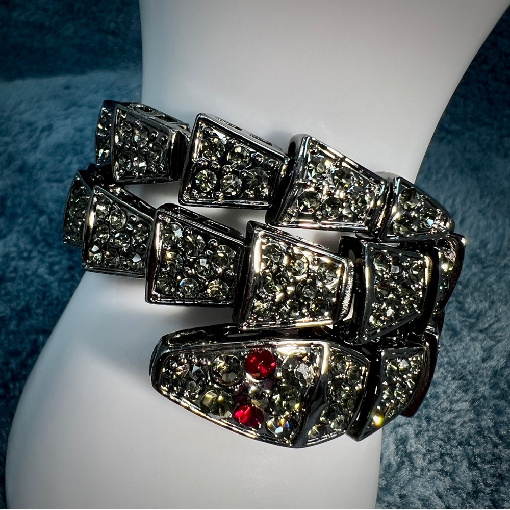 Black Snake Bracelet with Genuine Crystals in Base Metal Adjustable 6-7.5"